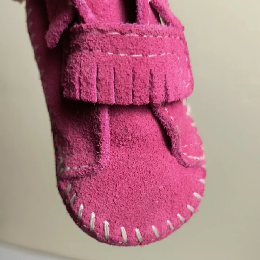 Minnetonka Pink Moccasins with Fringe and Contrast Stitching Baby Size 2